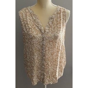 Denver Hayes Sleeveless Button Up V-Neck Tan & White Floral Blouse Size XLarge